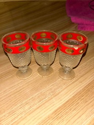 Set of Three Vintage Red and Gold Diamond-Cut Liqueur Glasses