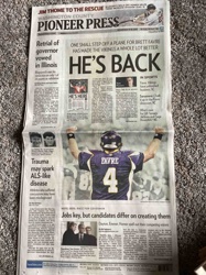 Washington County Pioneer Press Newspaper, August 19, 2009 (Brett Favre 'He's Back' Headline)