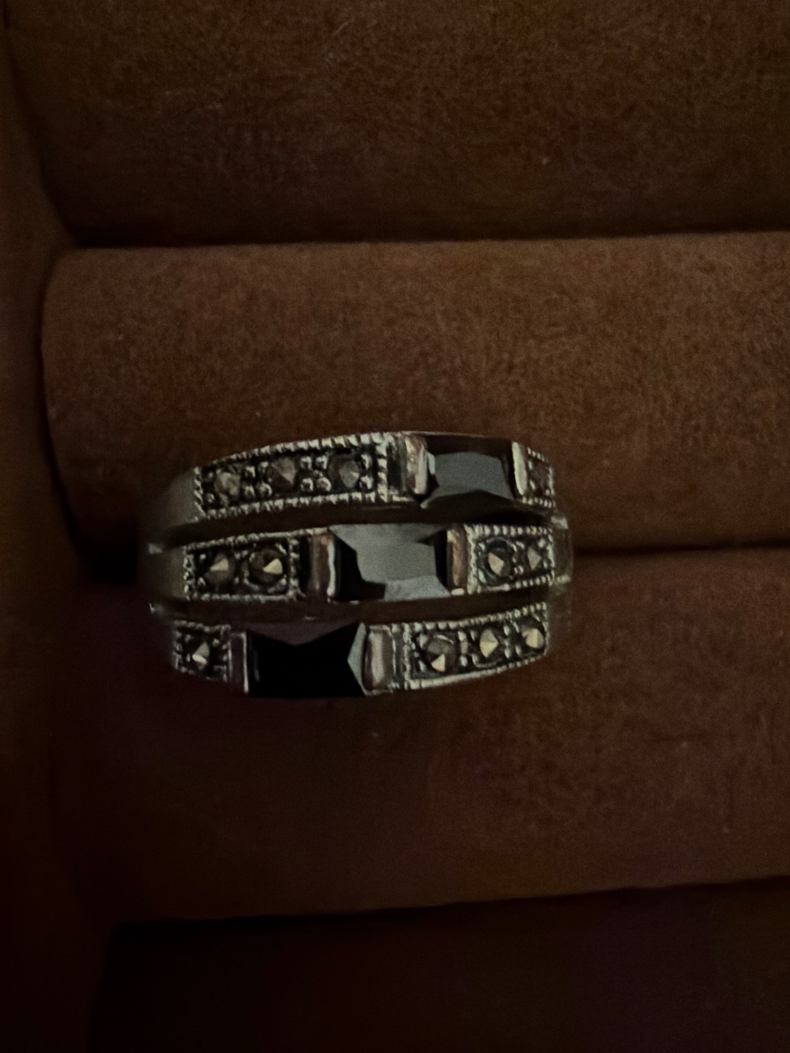 Submitted photo of Art Deco style silver-tone multi-band ring with black stones and marcasite