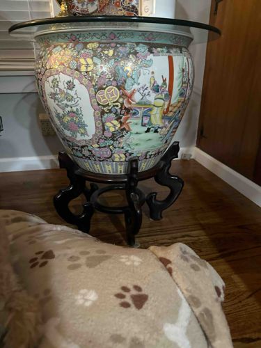 Large Famille Rose Porcelain Fishbowl with Wooden Stand and Glass Top