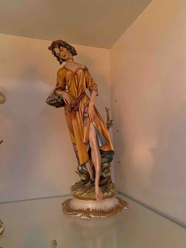 Polychrome Ceramic Female Figurine with Flower Basket