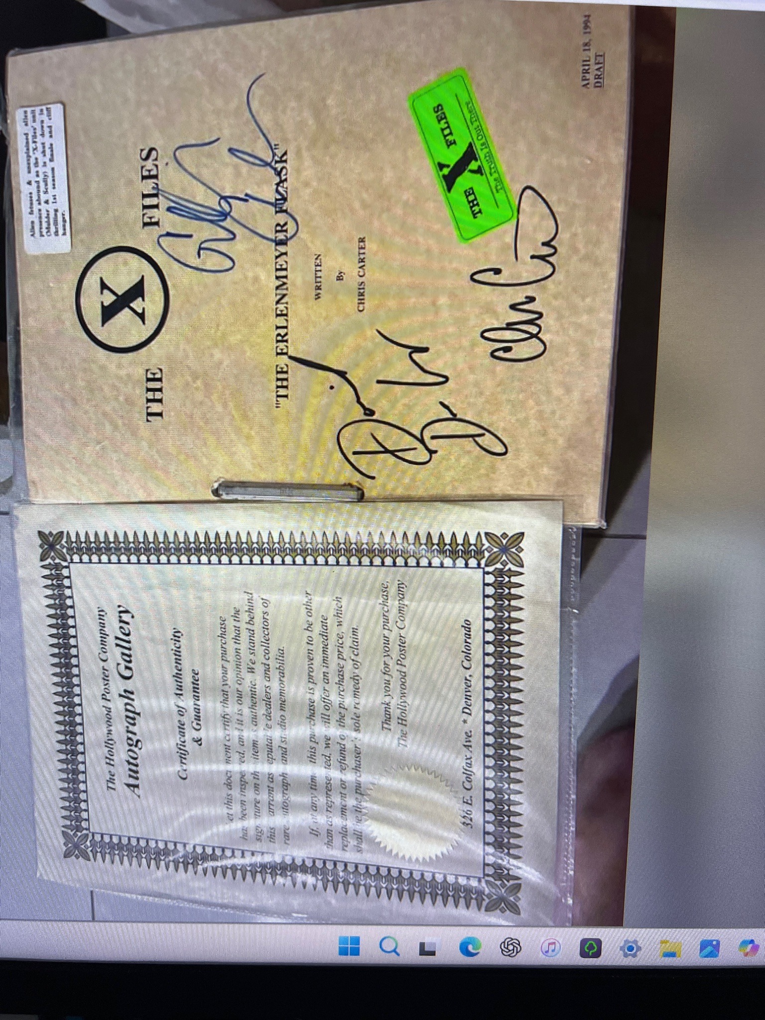 Submitted photo of The X-Files television script bearing signatures (unauthenticated)