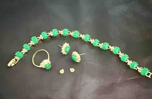 Genuine Green Jade, Gold Plated, and Crystal Jewelry Set (Bracelet, Ring, Earrings)