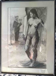 Figurative Charcoal Drawing of a Nude Woman and Observer, Signed 'Jameel '93'