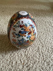 Decorative Ceramic Egg with Bird and Floral Motif
