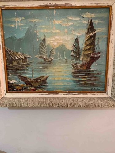 Framed Vintage Oil Painting of Junks in a Harbor