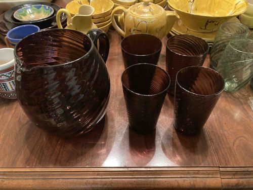 Vintage Amber Swirl Glass Pitcher and Tumblers Set