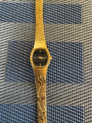 Gold-Tone Ladies' Wristwatch with Rose Motif Band