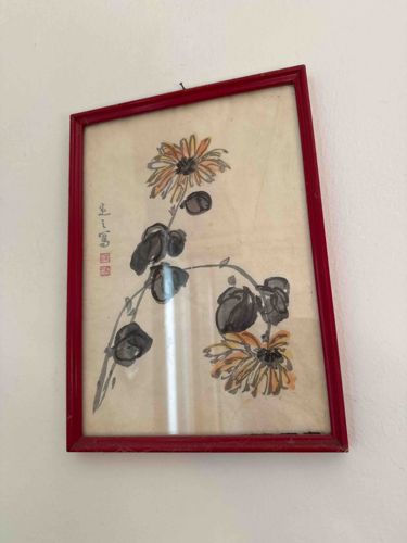Framed Ink and Watercolor Painting of Chrysanthemums