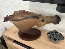 Sculptural Horse Head with Faux Wood Finish on Pedestal