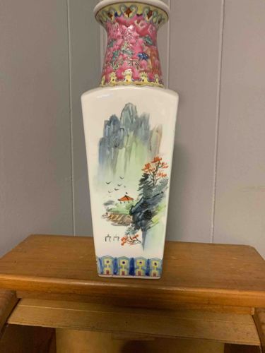 Chinese Porcelain Rectangular Vase with Landscape and Floral Motifs