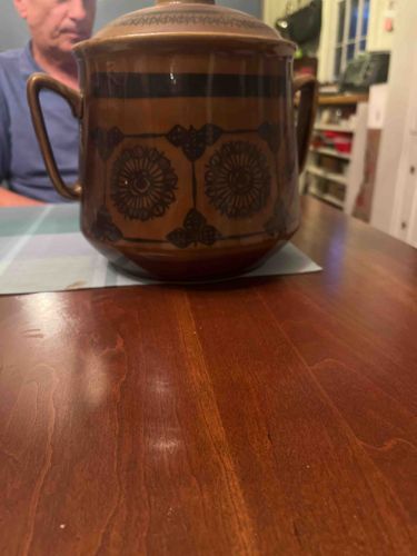Vintage Brown Glazed Ceramic Covered Jar with Handles