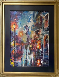 Impressionistic Street Scene Painting with Figures and Umbrellas