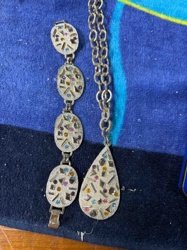 Vintage Multi-Stone Inlay Bracelet and Pendant Set