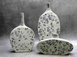 Set of Three Amalfi Ceramic Vases with Indigo Floral Motif