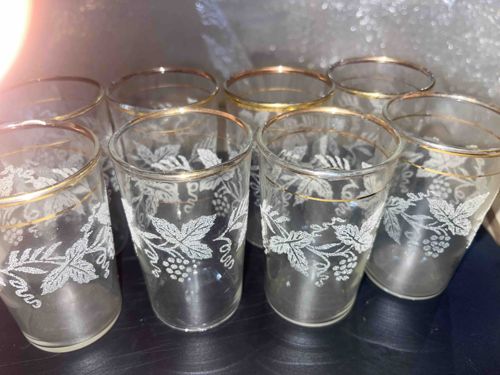Vintage Gold Rimmed Grapevine Motif Juice Glasses (Set of 8)