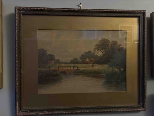 Framed Pastoral Landscape Oil Painting with Footbridge