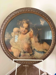 Sentimental Children Allegorical Print in Ornate Circular Frame