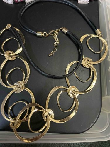 Leather Cord Necklace with Gold-Tone Abstract Rings and Pave Accents
