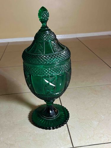 Huguenot Royale White Green Glass Covered Candy Dish
