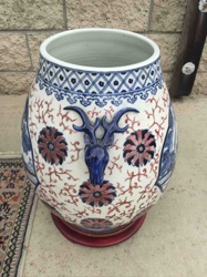 Large Asian Porcelain Deer-Head Vase with Floral and Vine Motifs