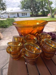 Vintage Iridescent Marigold Carnival Glass Punch Bowl Set