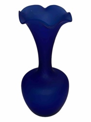 Cobalt Blue Frosted Art Glass Vase with Ruffled Rim