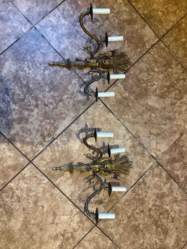 Pair of Ornate Gilt and Patinated Metal Four-Light Sconces