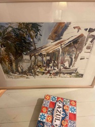 Framed Tropical Landscape Watercolor Painting