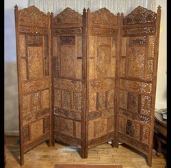 Four-Panel Carved Teak Room Divider with Metal Inlay