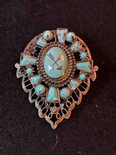 Southwestern Style Turquoise and Silver-Tone Brooch with Crossed Arrows