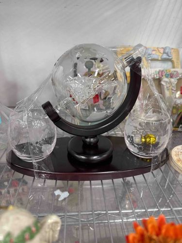 Etched Glass Whiskey Decanter Set with Ship and Globe Design