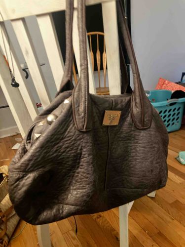 Dark Brown Pebbled Leather Tote Bag with Stud Embellishments