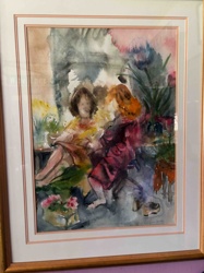 Impressionistic Watercolor Painting of Two Figures with Plants