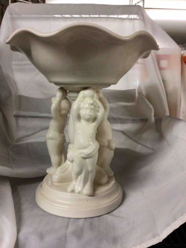 Ivory Ceramic Ruffled Bowl with Cherub Pedestal Base