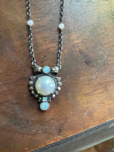 Vintage Pearl and Marcasite Pendant Necklace with Opal Accents