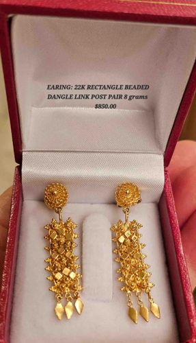 22K Rectangle Beaded Dangle Link Post Earrings