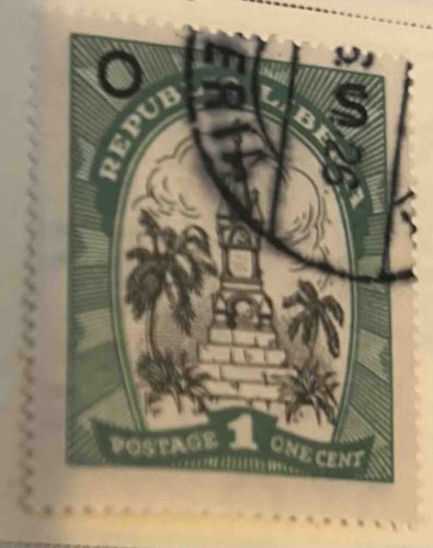 Liberia 1 Cent Postage Stamp (Clock Tower and Palm Trees)