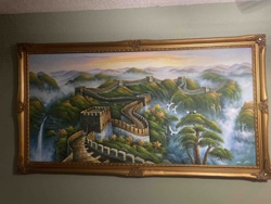 Panoramic Painting of the Great Wall of China in Ornate Gilded Frame