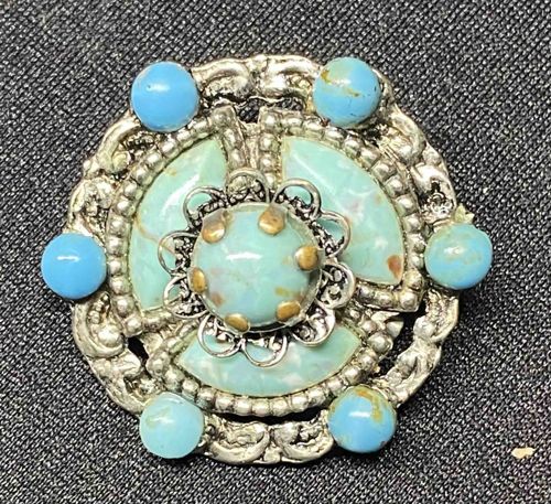 Vintage Turquoise and Silver-Tone Brooch