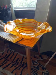 Murano-Style Art Glass Scalloped Bowl with Orange Striping