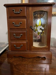 Wooden Jewelry Box with Stained Glass Style Door