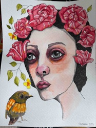 Watercolor Painting of a Woman with Rose Flower Crown and Bird