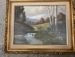 Framed Landscape Painting with Birch Trees and Stream