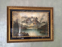 Framed Mountain Lake Landscape Painting