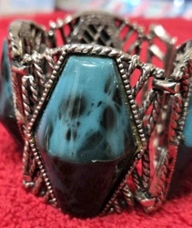 Vintage Silver-Tone Ornate Bangle with Blue Marbled Inlay