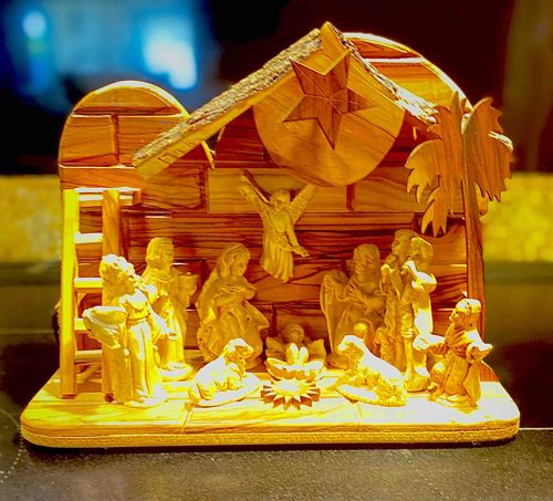 Olive Wood Nativity Scene with Christmas Music