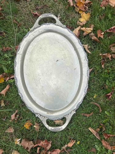 Oval Silver-Tone Serving Tray with Handles