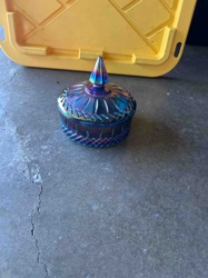 Iridescent Carnival Glass Lidded Candy Dish