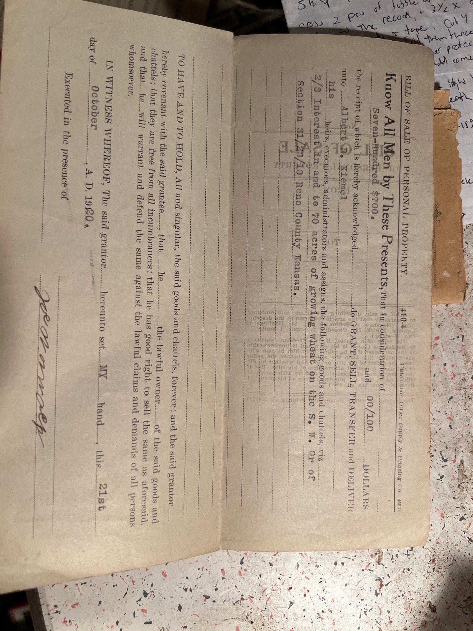 Submitted photo of Vintage Bill of Sale for Personal Property